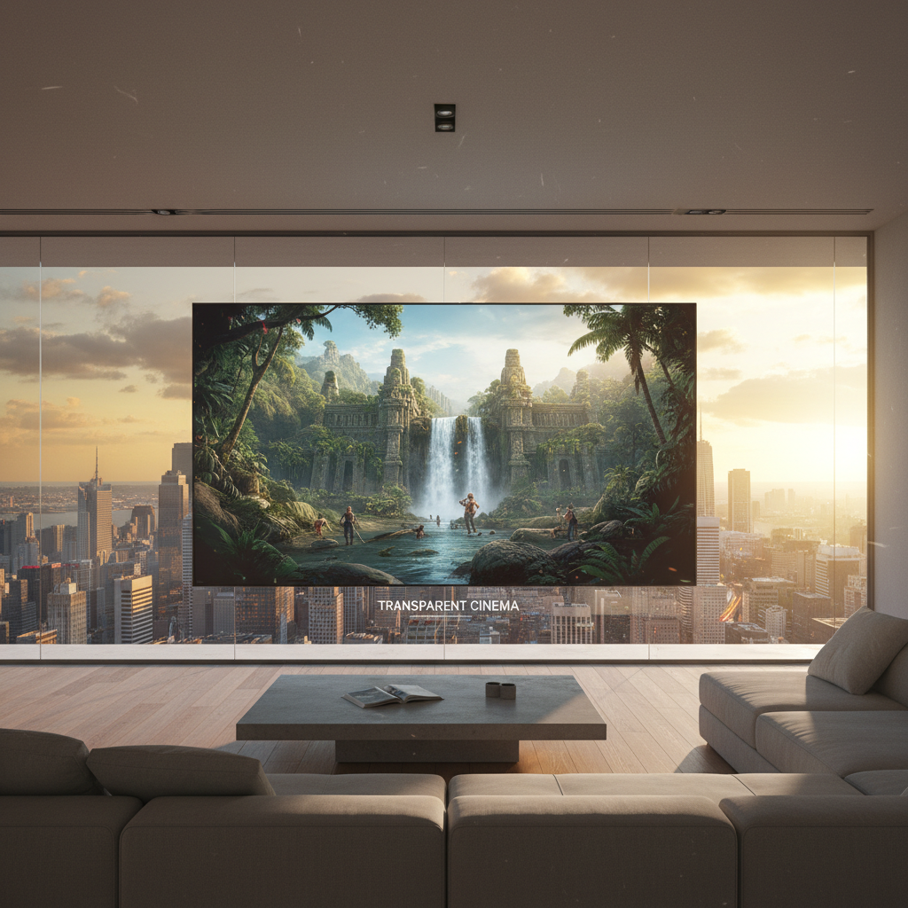 现代家居客厅中,落地窗变身高清巨幕电影屏,播放电影,展现全息隐形屏的家庭影院应用和高通透性