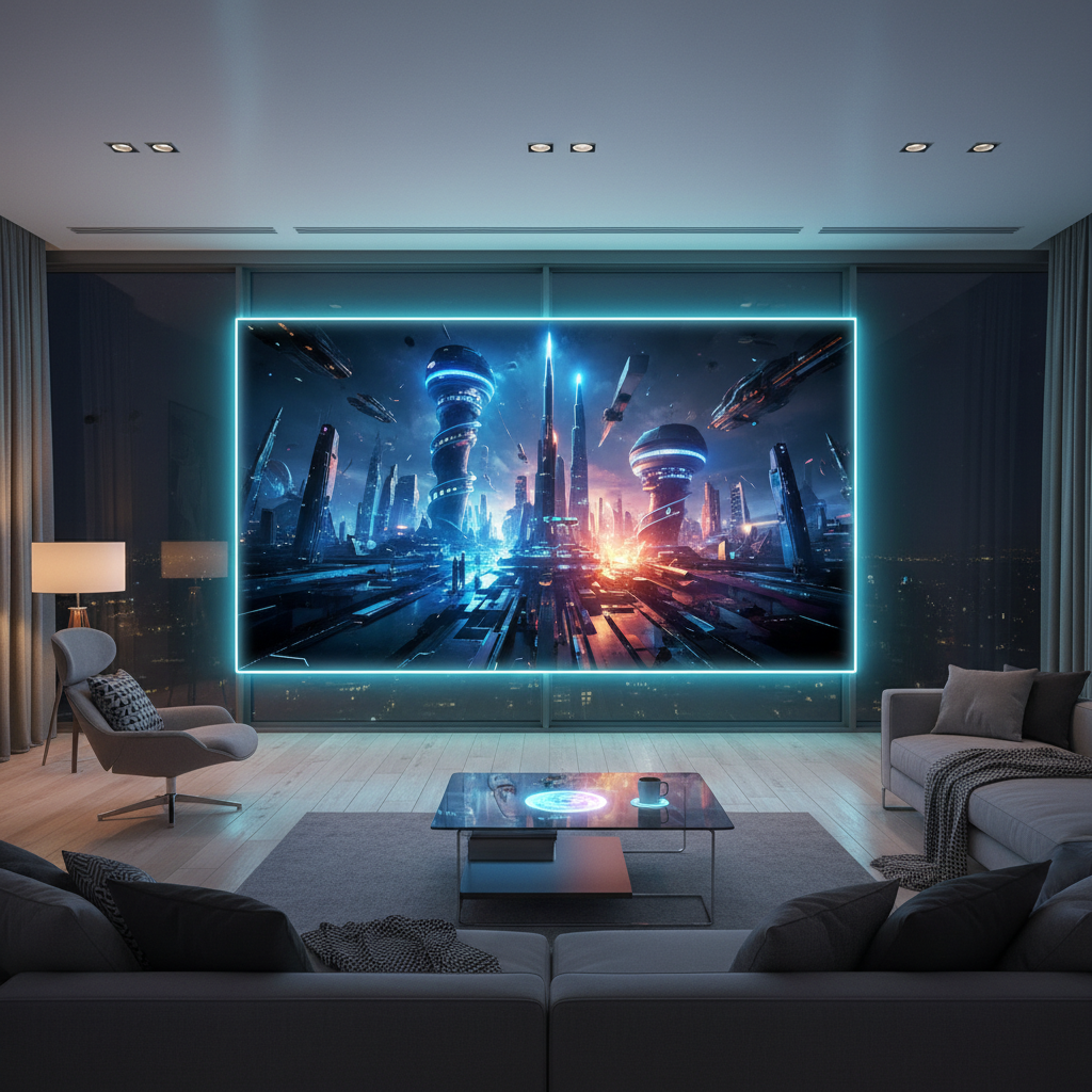 现代客厅落地窗在夜间变身高清巨幕,播放电影,画面细腻色彩鲜艳,与室内光线融合,窗边微光照亮室内,营造未来感与温馨舒适氛围。