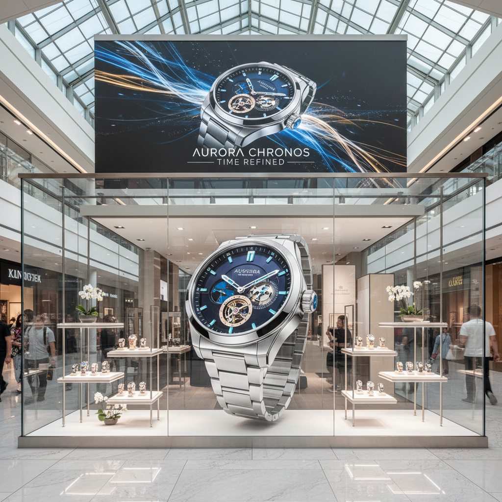 奢侈品零售店橱窗内悬浮动态手表模型,商场中庭天幕播放品牌广告,展示全息隐形屏在商业环境中的应用