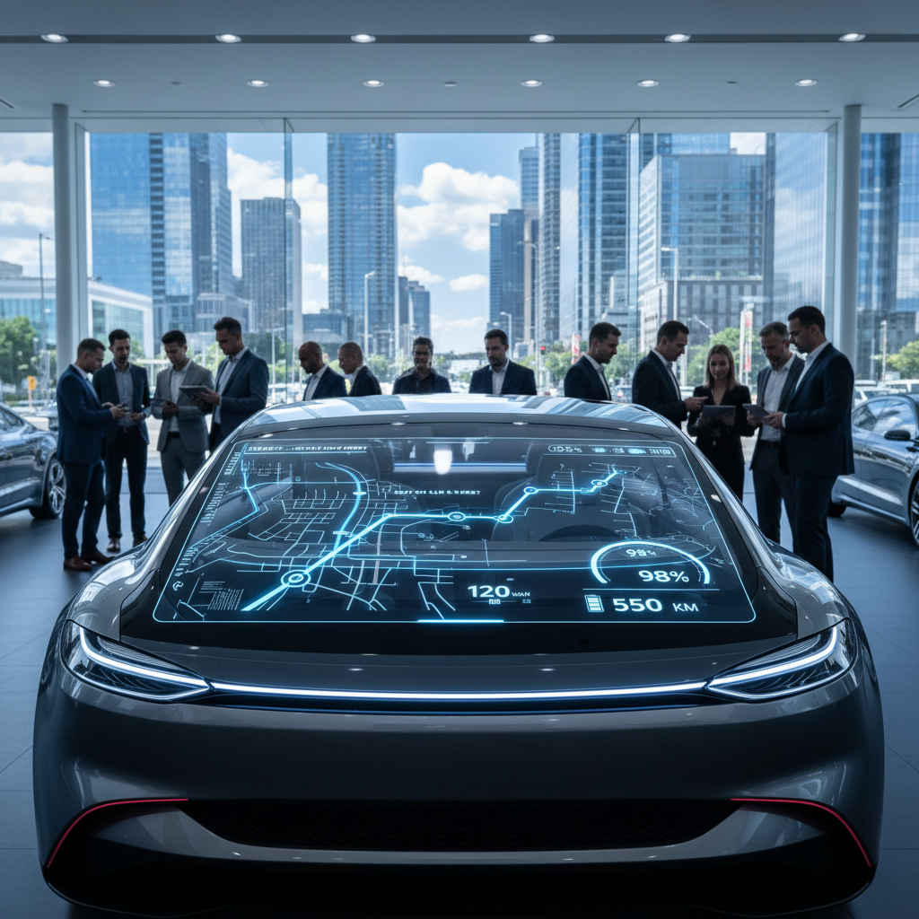 汽车车窗由透明屏构成,显示导航信息和行车数据,同时保持周边环境的真实视图,展现智能交通应用