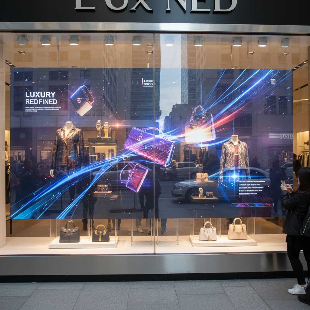 商场橱窗前展示透明屏,播放动态商品宣传视频,同时顾客可看到橱窗内实物,实现虚实结合的视觉体验