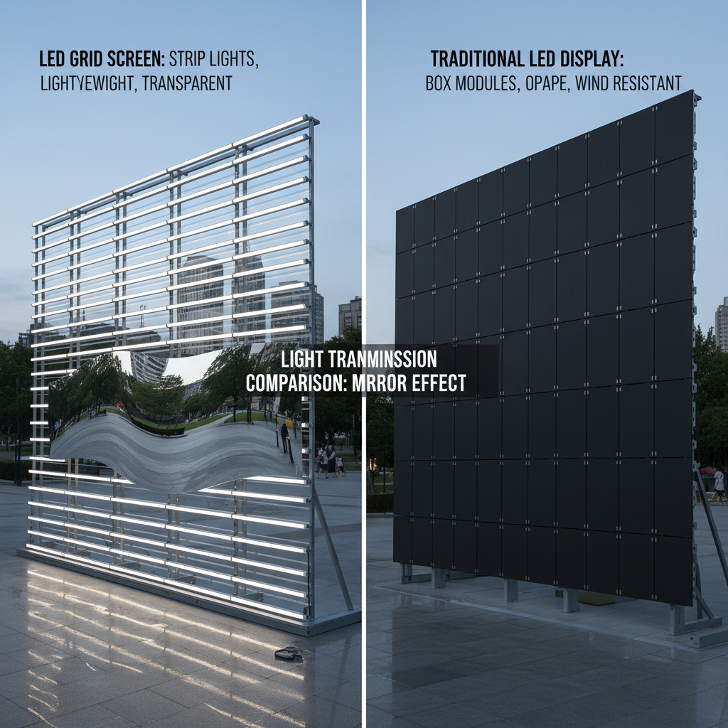 视觉化 LED 格栅屏与传统 LED 显示屏的结构对比。格栅屏为条形灯带，轻量化设计；传统屏为箱体模组，遮光且风阻较高。透过镜面效应展示两者透光性能的差异。