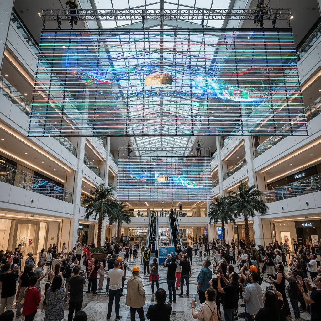 展示商场中庭安装 LED 格栅屏的场景。屏幕高悬于购物中心中庭，灯条呈格栅状，透光率高达 70%。画面显示璀璨动态广告，吸引大量顾客驻足观看。