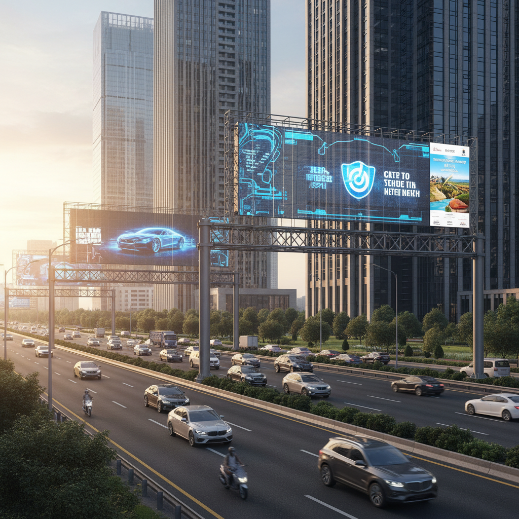 道路旁的户外广告,展示 LED 格栅屏应用。屏幕沿高速公路一侧竖起,透光率 65%，画面清晰可见。车辆快速穿行，屏幕广告内容引人注目。背景传达建筑不受影响的信息。
