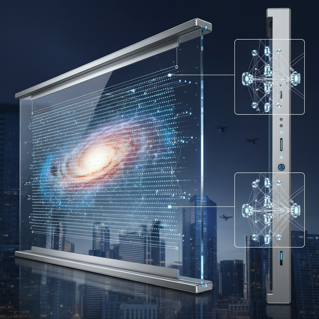 剖面图展示全息隐形屏内部结构,微型LED灯珠均匀排列于透明玻璃内,高透明度,发光时图像清晰,关闭时透视背景,细节可见。
