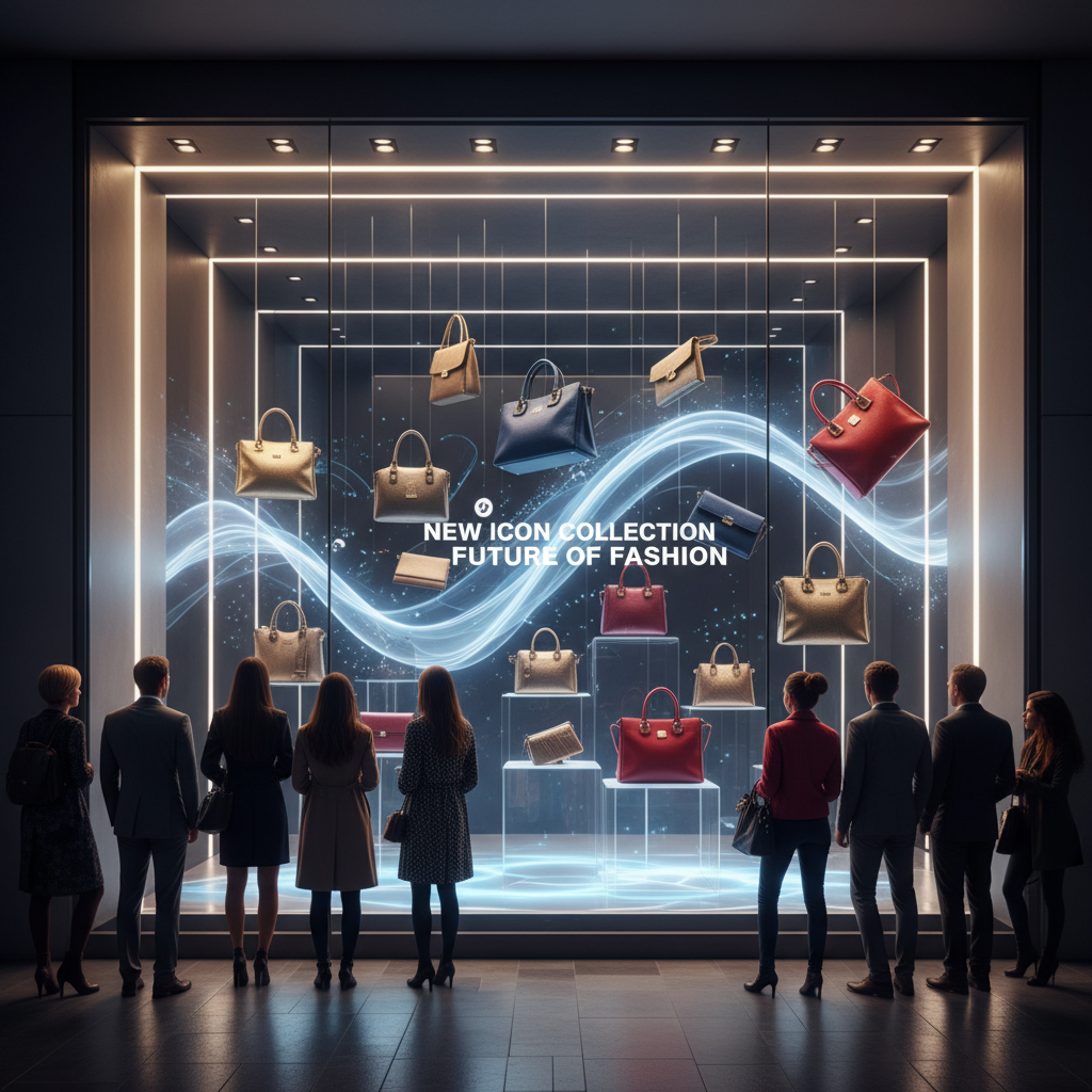 时尚商场橱窗的全息隐形屏,播放动态广告同时展示实物,实现广告与商品的完美融合,科技感十足。