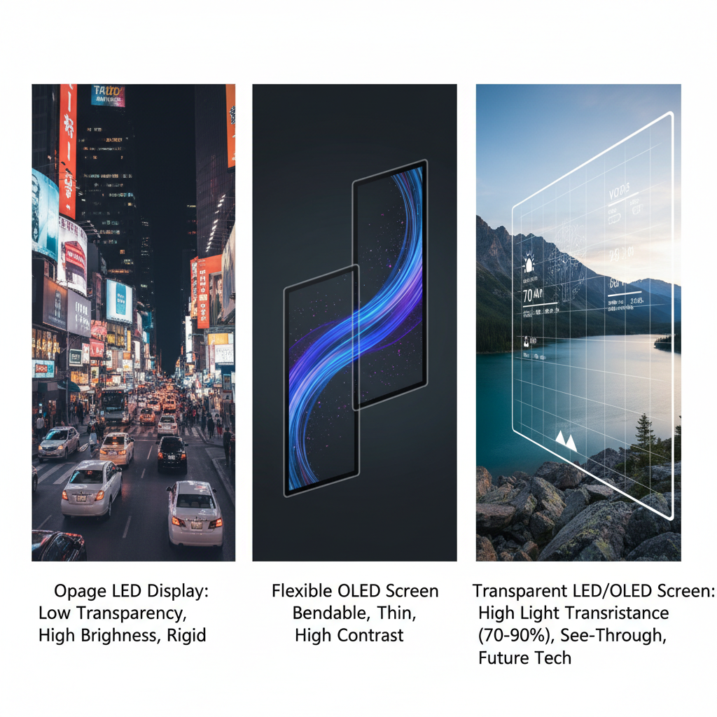 透明屏与LED显示屏、OLED屏的区别对比图,突出透明屏的高透光特性