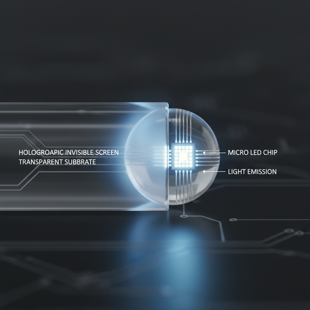 一个LED灯珠的特写,一半被透明基板覆盖,另一半是微型LED芯片,展示全息隐形屏的透明显示技术原理