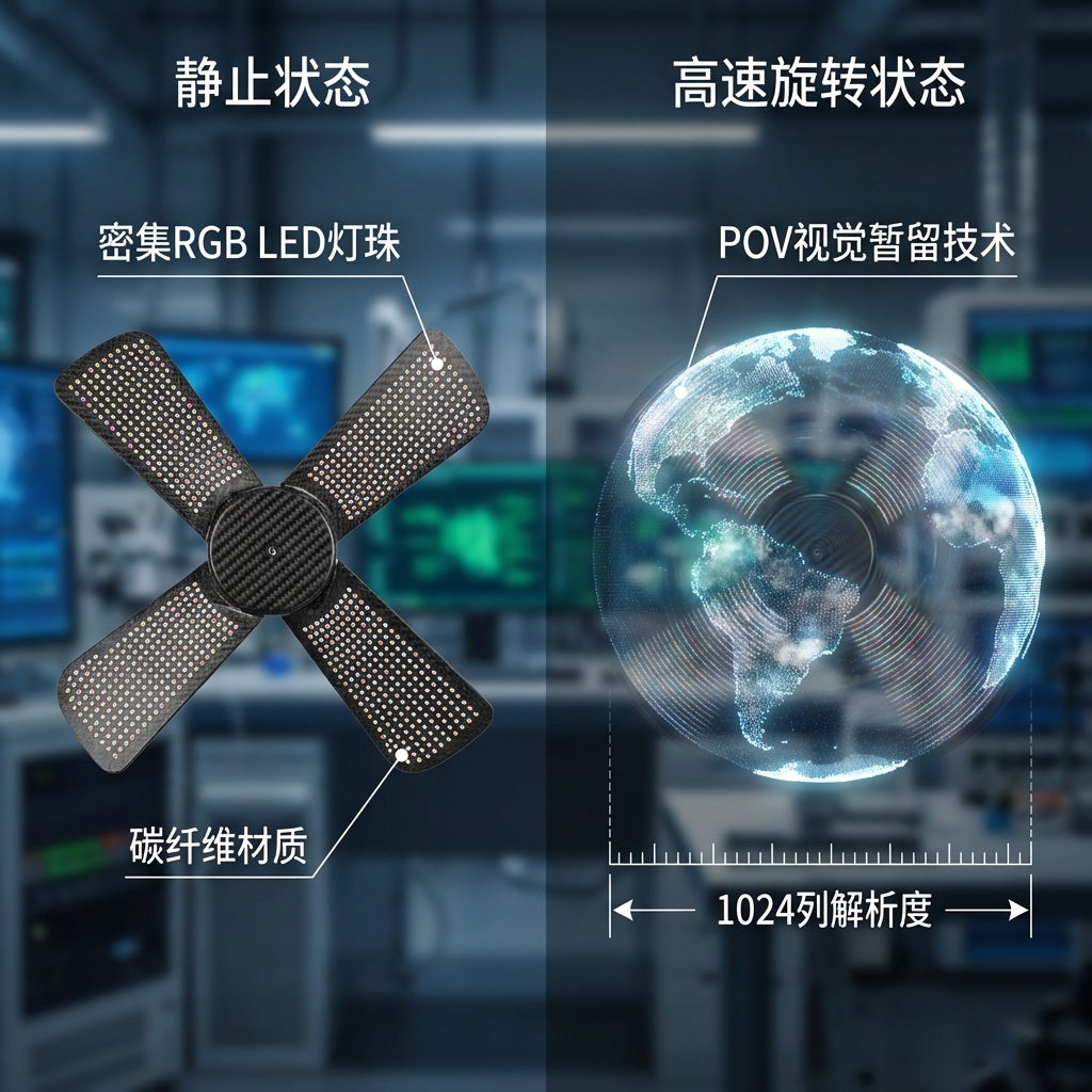 技术拆解视角，展示一台四叶片LED全息风扇，静止状态下可见扇叶上的RGB LED灯珠和碳纤维材质；旋转状态下，灯珠通过微秒级发光控制，连成一个完整的3D立体地球影像，背景为工业感实验室，强调POV视觉暂留技术。