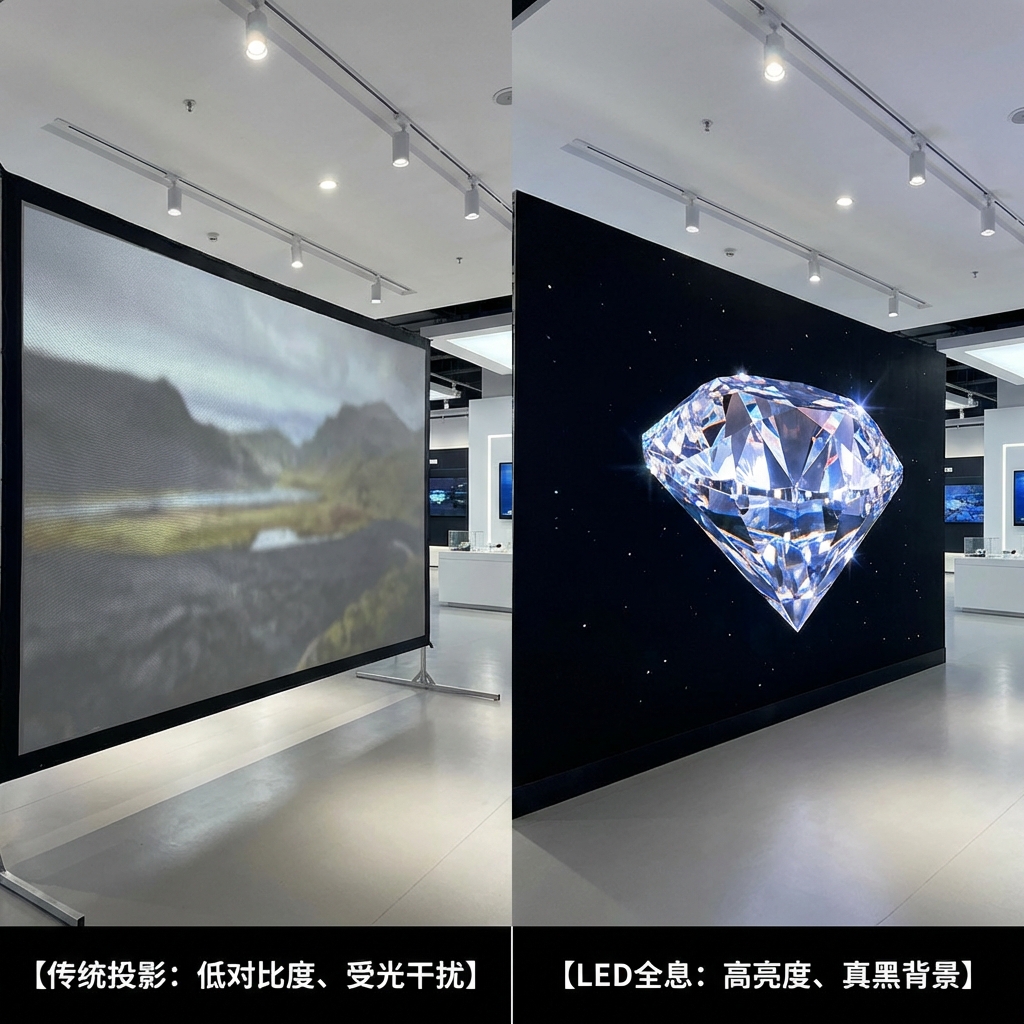 LED裸眼3D与传统投影效果对比图,左侧传统投影效果发灰,对比度低;右侧LED全息屏在高光环境下展现出高亮度、真黑背景及悬浮感极强的3D钻石。传统投影:低对比度、受光干扰。LED全息:高亮度、真黑背景。