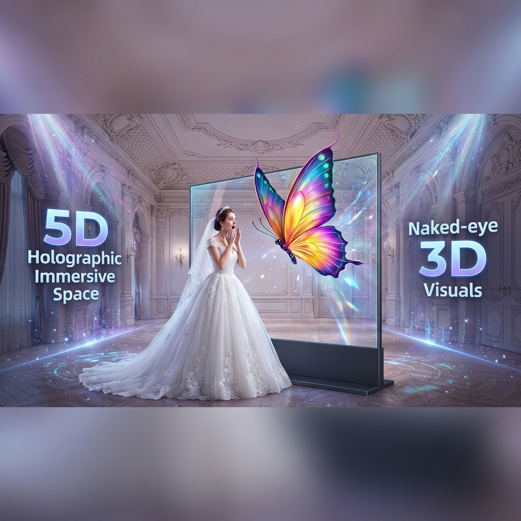 深圳高端婚礼秀现场，新娘惊叹于立式全息LED透明屏展示的裸眼3D蝴蝶特效，蝴蝶仿佛从屏幕中飞出，背景可见酒店欧式装饰，展现90%高通透率和5D沉浸感，标注“5D Holographic Immersive Space”和“Naked-eye 3D Visuals”。