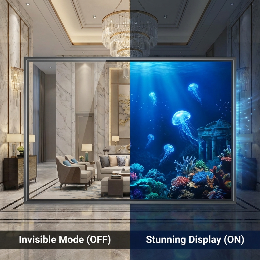 全息LED透明屏在“不亮时”（Invisible Mode OFF）几乎完全透明，融入酒店装修；“点亮后”（Stunning Display ON）则呈现浩瀚海洋画面，发光水母悬浮，体现侧发光技术与航空级铝型材框架的轻薄感。