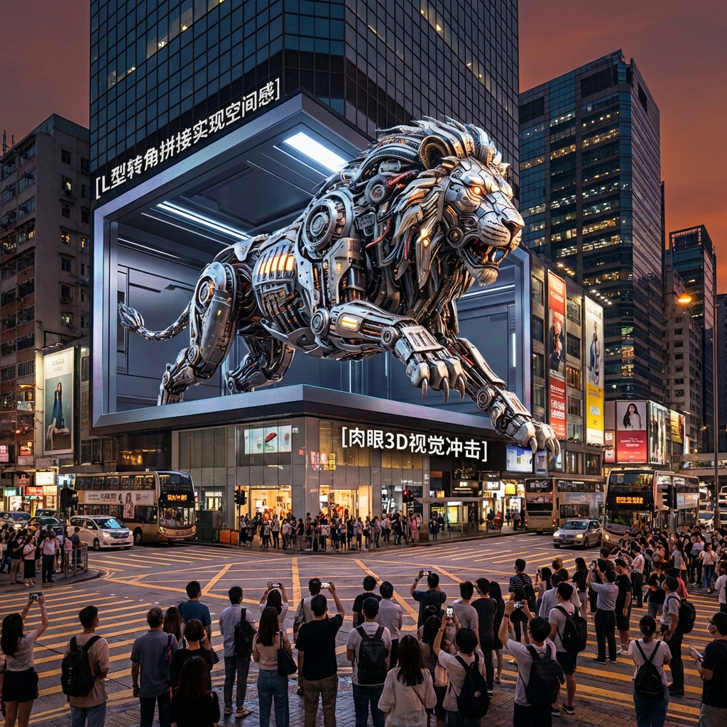 视觉冲击力十足的户外转角裸眼3D大屏示意图,一只巨大的机械雄狮仿佛突破屏幕的物理边界,前爪伸向现实空间。L型转角拼接实现空间感,肉眼3D视觉冲击力强,高亮度、高对比度,体现5000nits以上的亮度表现。