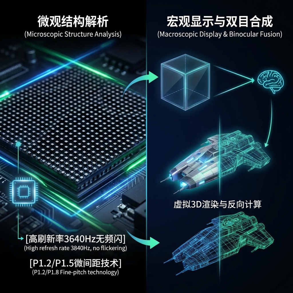 裸眼3D技术原理与硬件细节解析图,微距视角展示LED灯珠排列和高刷新率IC芯片,左侧是微距视角下的LED灯珠排列,体现文章提到的P1.2或P1.5高像素间距(Pixel Pitch)及高刷新率IC芯片,灯珠呈现纯黑色,暗示高对比度。右侧“透视盒子”概念示意双目视觉如何合成立体图像,高刷新率3840Hz无频闪,P1.2/P1.8微间距技术。