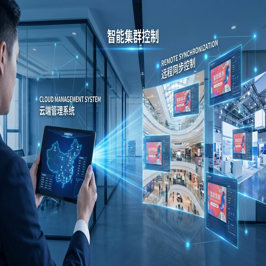 展示云端管理系统，管理员通过平板远程同步控制多地达斯琪全息炫屏内容。