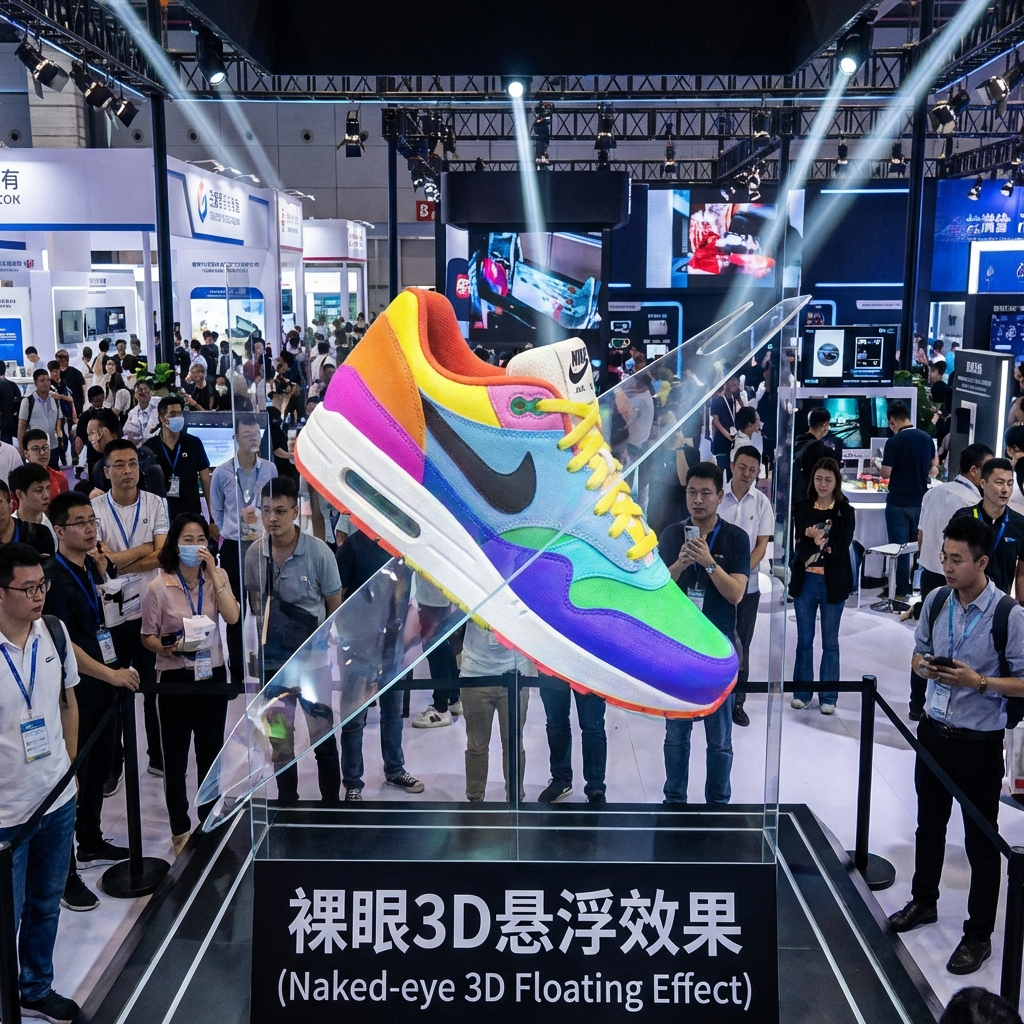 深圳电子展现场，一只巨大的3D耐克运动鞋悬浮在展位上空，展现裸眼3D悬浮效果，背景是熙攘的科技展会观众，强调无边框的悬浮感和科技冲击力。