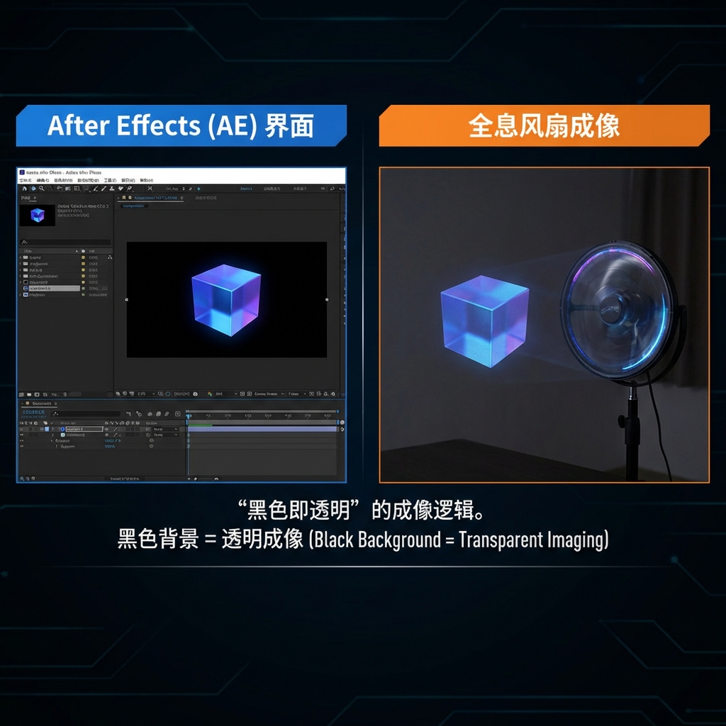 制作逻辑对比图，左侧After Effects软件界面显示纯黑背景上的3D产品模型，右侧全息风扇实际运行效果，产品如同在空中真实浮现，突出“黑色即透明”的成像逻辑。