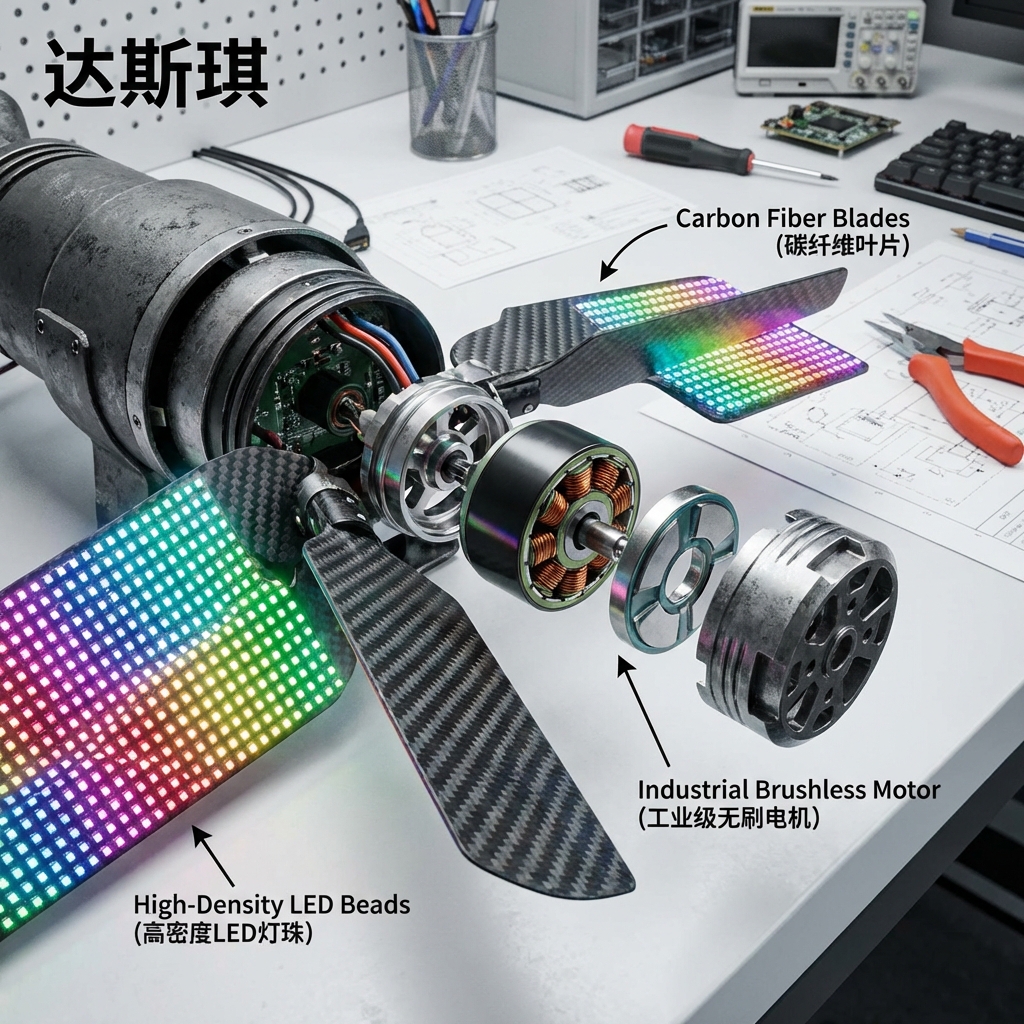 达斯琪全息炫屏内部硬件特写，展示碳纤维叶片、高密度LED灯珠和工业级无刷电机。