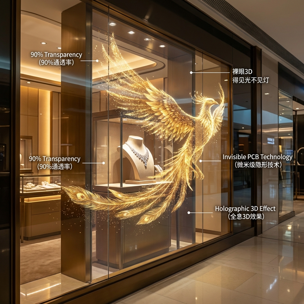 深圳高端珠宝店橱窗全息LED屏，金色凤凰裸眼3D效果环绕钻石项链，展示90%通透率和微米级隐形技术