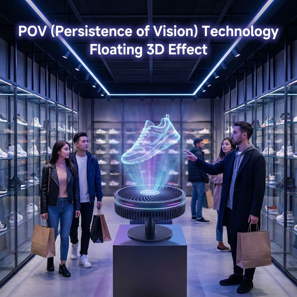 达斯琪全息3D智能炫屏在高端运动鞋零售店的应用，展示360度旋转的3D悬浮跑鞋，利用POV技术实现无边框透明背景。