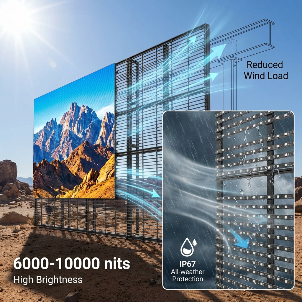 户外格栅屏在强光与暴雨下的表现，展示其6000-10000尼特高亮度、IP67全天候防护，以及镂空结构带来的优异抗风能力。