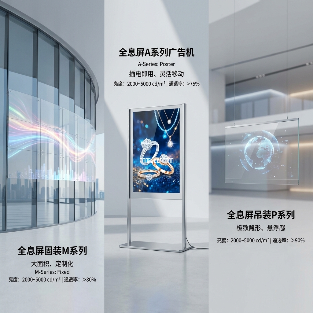 LED全息贴膜屏M系列固装、A系列广告机、P系列吊装三种产品形态对比