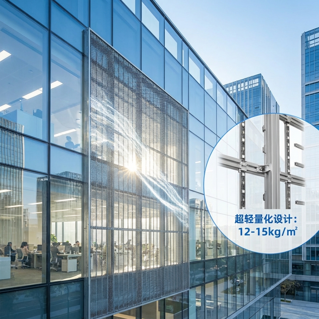 现代商业建筑玻璃幕墙上的洞洞屏,展示其独特的镂空网格结构、高通透率和超轻量化设计(12-15kg/㎡)。