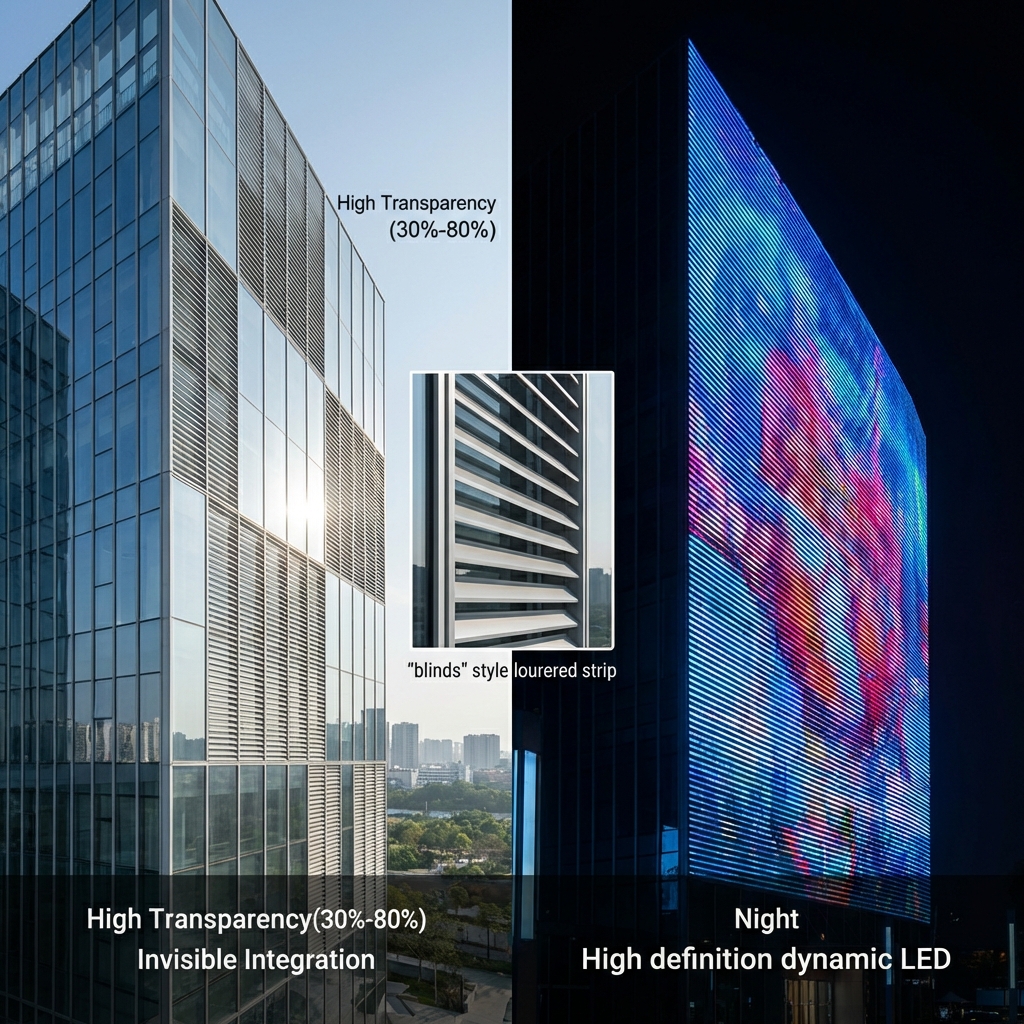 深圳地标建筑格栅屏昼夜对比，展示其白天与建筑融为一体的隐形通透性，以及夜晚点亮后震撼的动态显示效果。