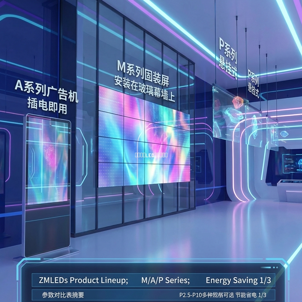 臻美智慧全息屏产品矩阵，包括立式A系列广告机、玻璃幕墙上的M系列固装屏和悬挂式P系列。背景为科技展厅，底部标注“P2.5-P10多种规格可选”和“节能省电1/3”。