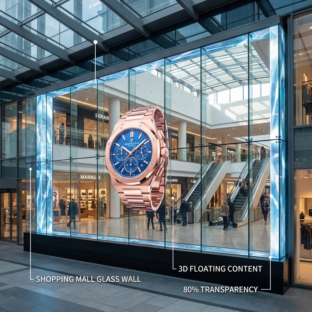现代化商场玻璃幕墙上的冰屏展示,高精度3D悬浮手表效果,高通透率让室内采光与商铺结构清晰可见,呈现晶莹剔透的黑科技感。