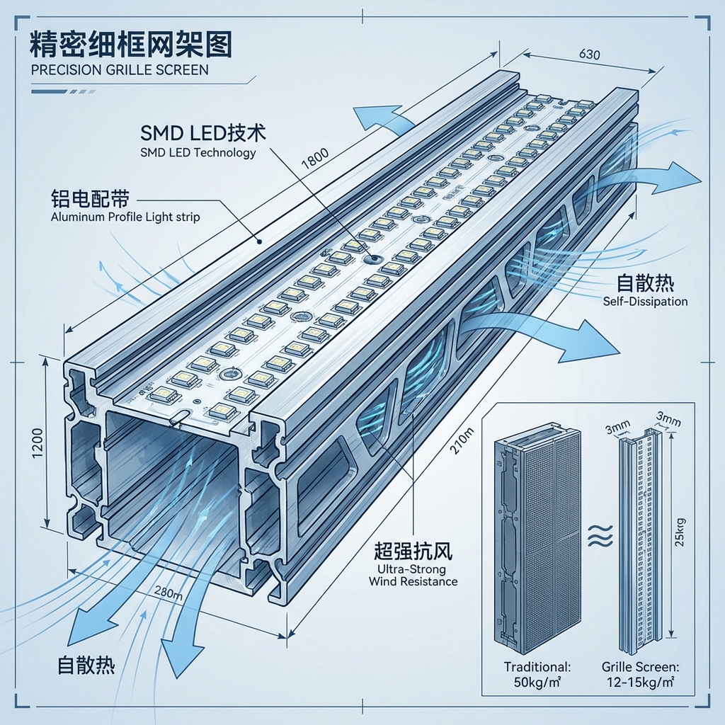 格栅屏精密结构拆解图，展示其铝型材镂空灯条、SMD灯珠技术、自散热特性，以及与传统LED箱体屏的轻量化对比。