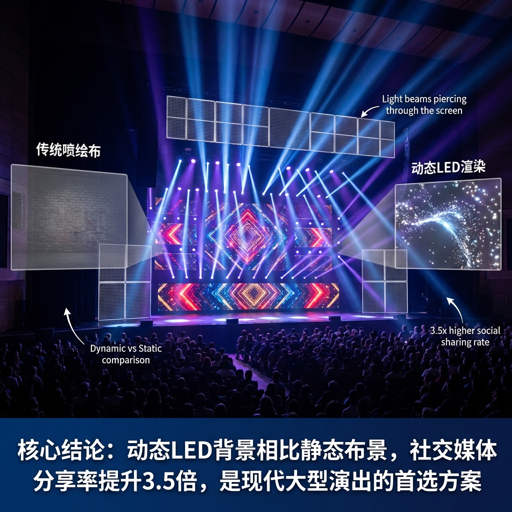 现代舞台动态显示:格栅屏与透明屏组合舞台,光束灯穿透屏幕射向观众,呈现光影融合艺术。对比传统喷绘布的静态限制,强调LED屏带来的动态渲染和高社交媒体分享率。