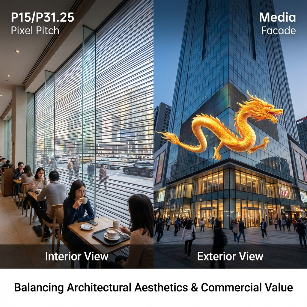 商业地产格栅屏内外双视角展示，白天不影响室内采光与视野，夜晚化身震撼媒体立面，完美平衡建筑美学与商业价值。