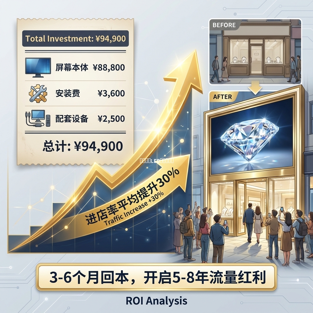 金店LED全息贴膜屏改造预算与投资回报分析：9.49万投入，3-6个月回本，进店率提升30%