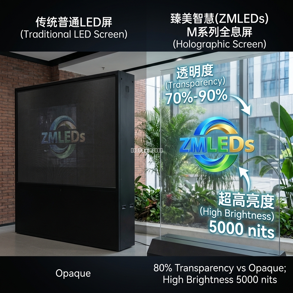 分屏对比图，左侧为不透明传统LED屏，右侧为臻美智慧M系列全息屏，展示其80%透明度，可见后方绿植，屏幕播放高亮度3D产品Logo，标注“70%-90% 通透率”和“5000 nits 超高亮度”。