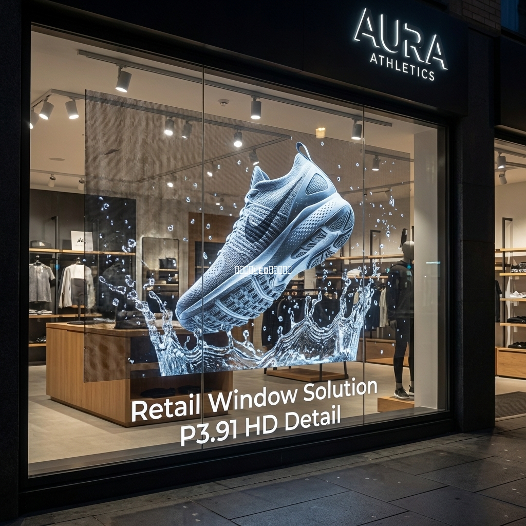 高端运动鞋店橱窗，玻璃上贴有轻薄LED贴膜屏，展示一只3D运动鞋在空中旋转，伴有水花特效，P3.91像素间距细节清晰可见。标注“零售店橱窗解决方案”。