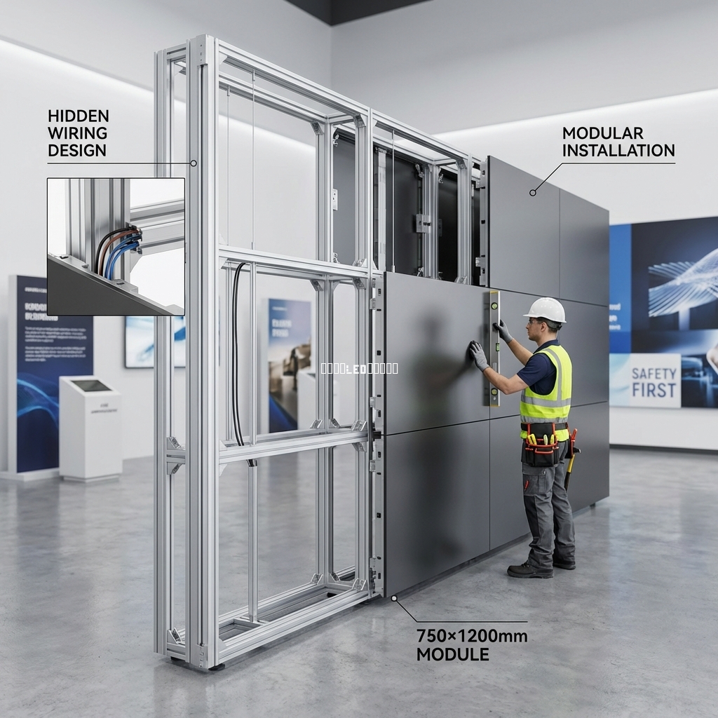 吊装全息屏模块化安装与隐蔽走线设计细节图，强调安全与美观