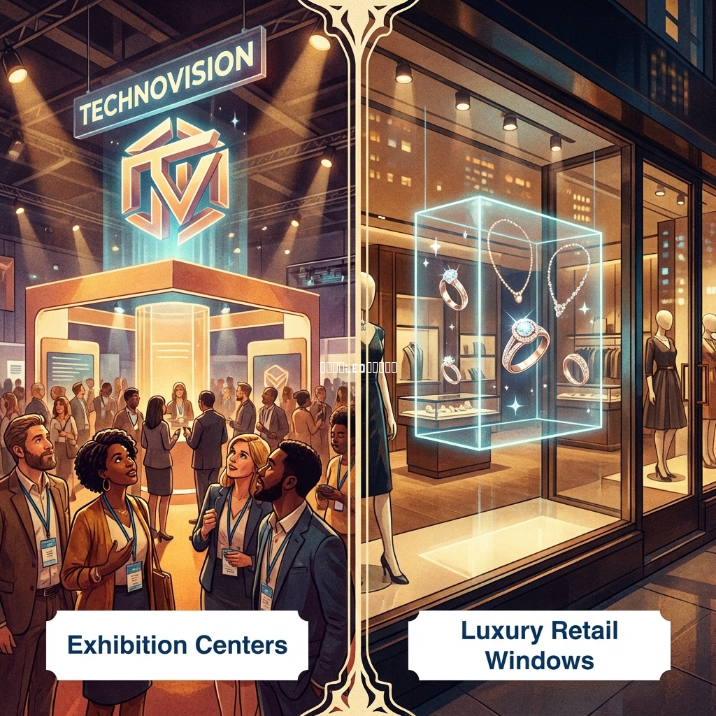 吊装全息屏在展会中心展示浮空3D Logo与奢侈品店橱窗展示3D珠宝的场景拼贴图
