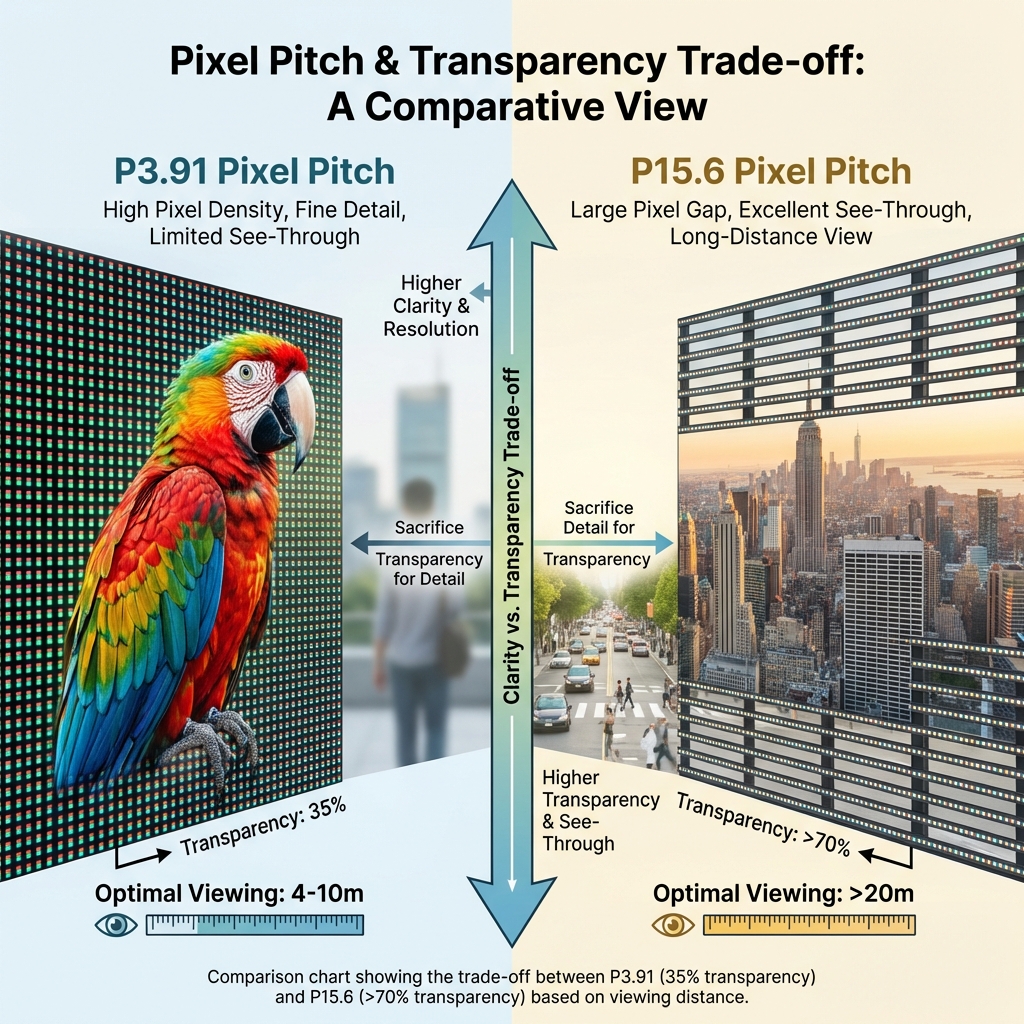洞洞屏像素间距(Pixel Pitch)与通透率的对比示意图,展示P3.91和P15.6规格在清晰度、通透率及观看距离上的权衡。