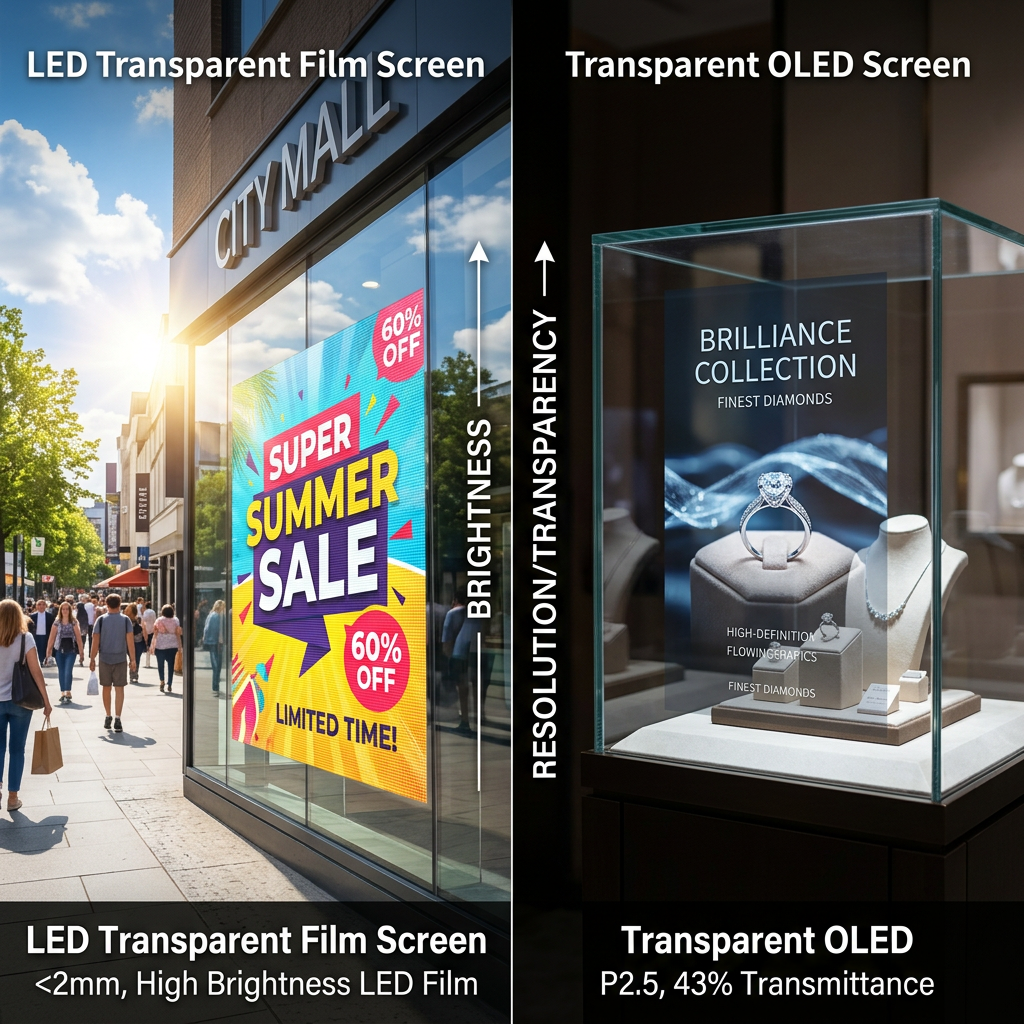 一张对比图,左侧是户外高亮LED透明贴膜屏,右侧是室内高端透明OLED屏,展示两种技术的差异化应用场景和效果。