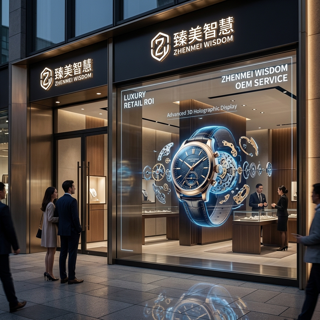 臻美智慧LED全息屏在奢侈品手表店橱窗中的应用，展示手表零件空中拆解旋转，营造高端未来零售氛围