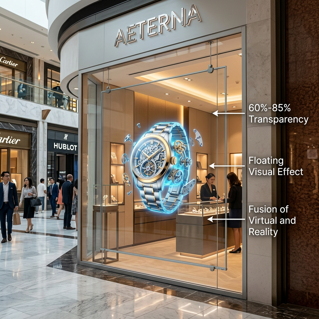 商场橱窗透明玻璃全息屏展示，手表悬浮在屏前，体现透明度与虚实结合