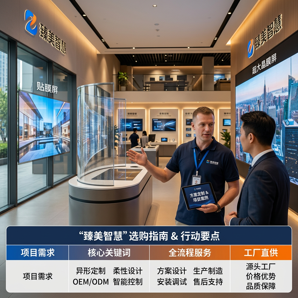 臻美智慧的冰屏定制化解决方案：展示柔性屏、贴膜屏等多种产品形态，并提供全流程专业服务