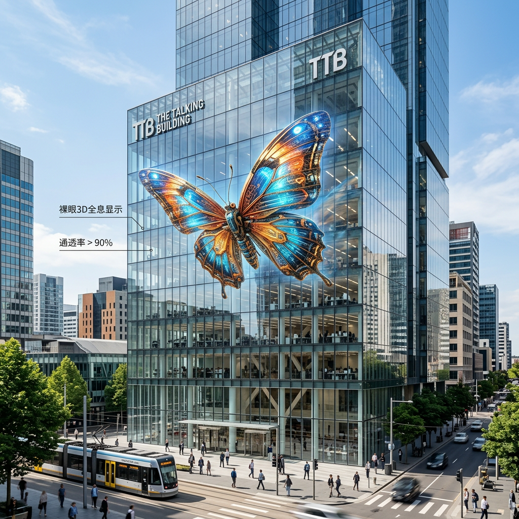 现代化商业大楼玻璃幕墙上展示的裸眼3D机械蝴蝶，科技感十足，强调全息屏高通透率和吸睛效果，让建筑“会说话”