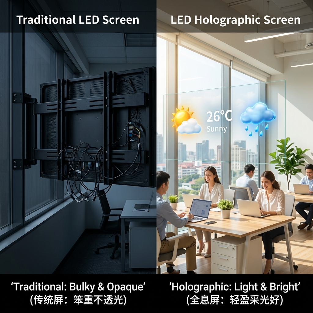 传统LED显示屏与LED全息屏的对比图。左侧传统屏笨重且遮光，导致室内昏暗；右侧全息屏轻薄透明，让阳光穿透，室内明亮，并能显示3D内容