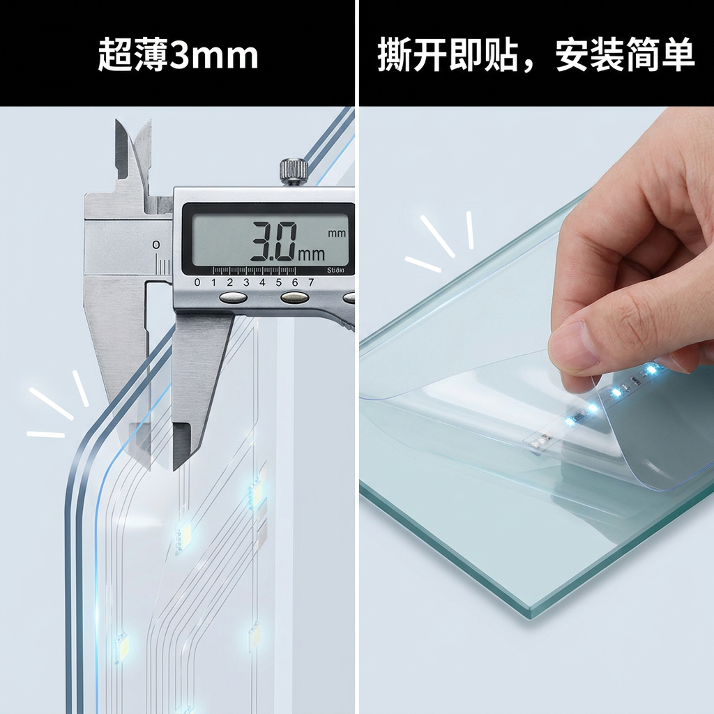 LED晶膜屏微观结构与安装过程特写，展示3毫米超薄厚度和像贴手机膜一样简单的安装方式