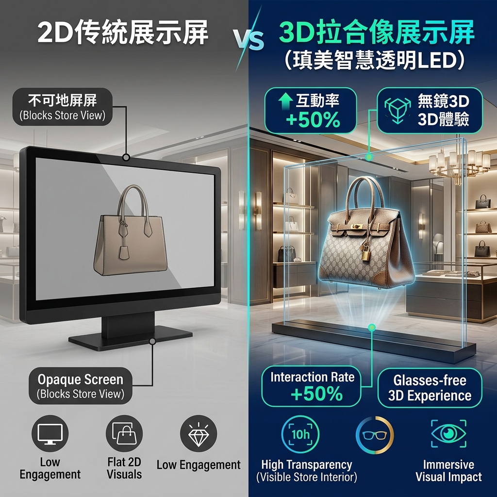 2D普通屏幕与3D全息橱窗的对比图，显示臻美智慧透明屏上悬浮的3D包包，并标注互动率提升50%和裸眼3D体验。
