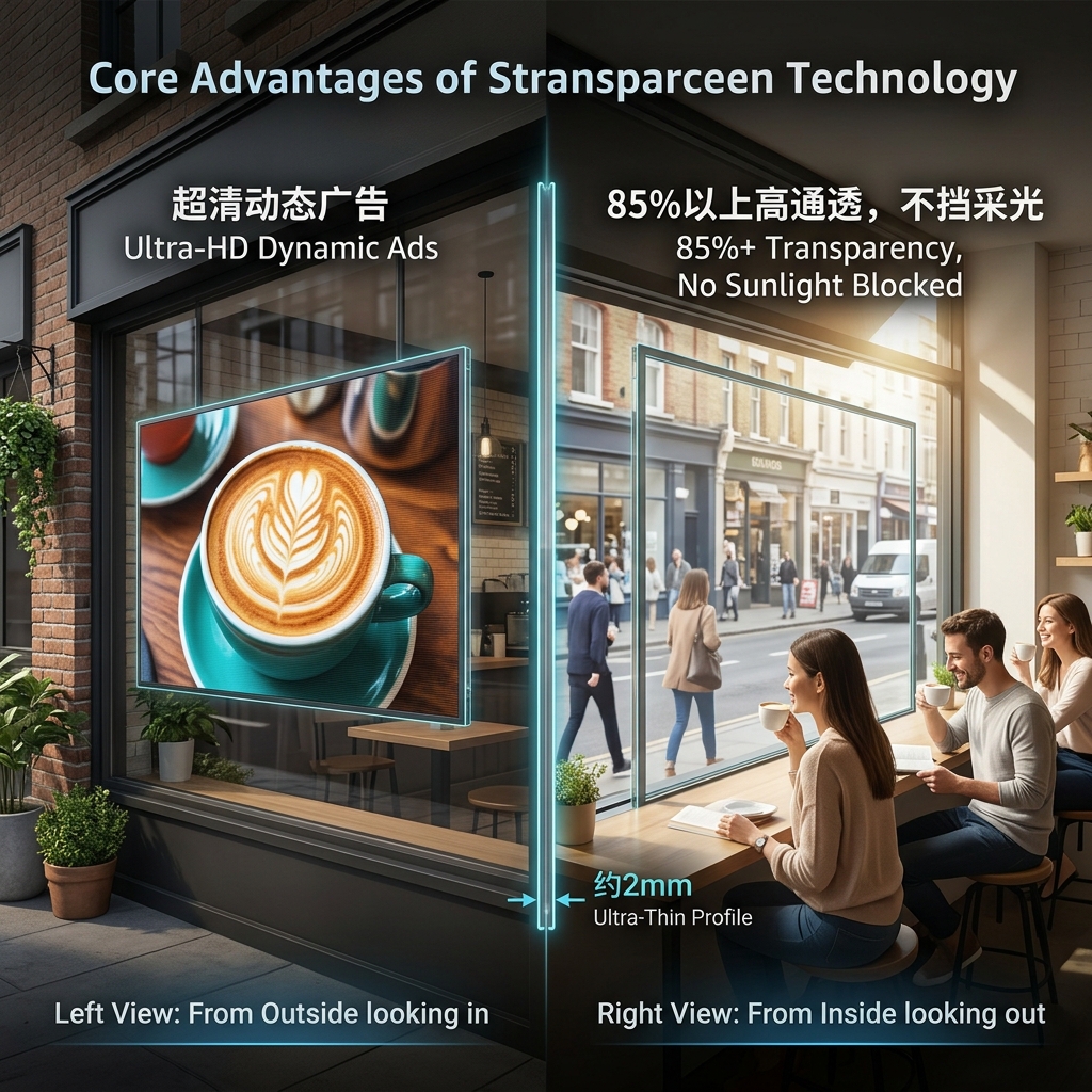 一张对比图展示LED橱窗透明屏,从店外看播放超清动态广告,从店内看保持85%以上高通透度,不遮挡采光和视线。