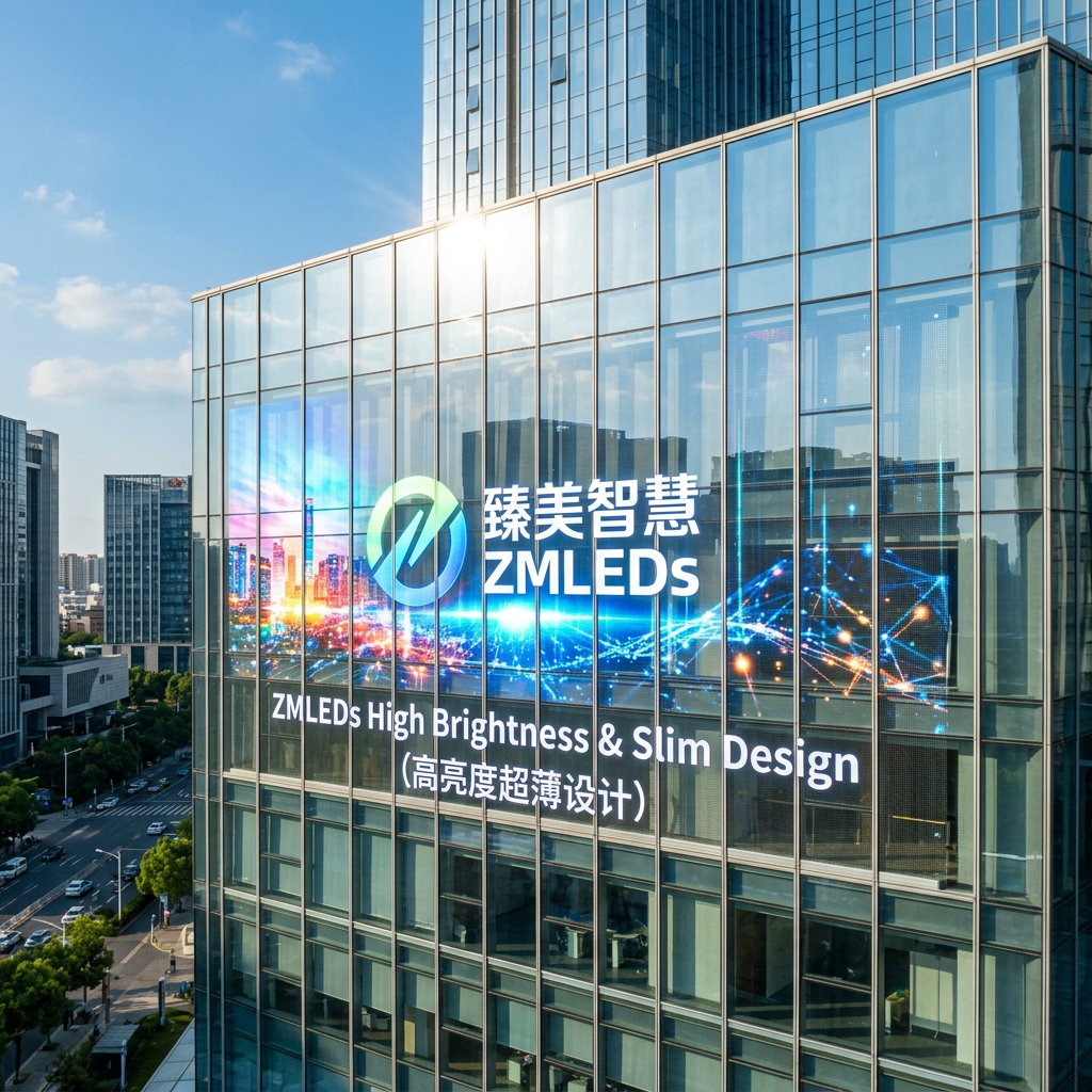 臻美智慧（ZMLEDs）的LED贴膜屏贴在玻璃幕墙上，即使在阳光直射下仍保持6000nits高亮度，清晰显示品牌Logo，突显超薄设计。