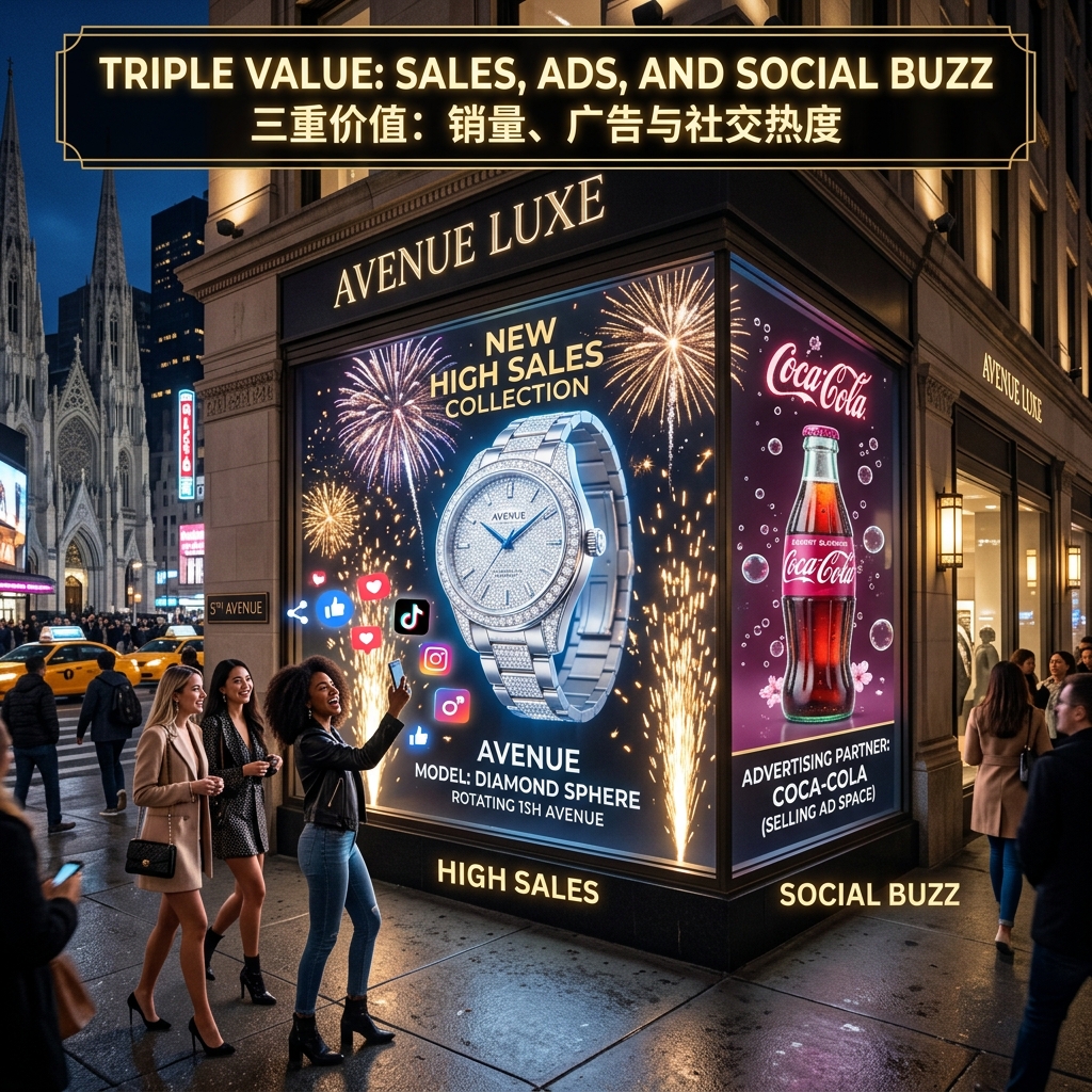 纽约第五大道奢侈品店3D全息橱窗展示，生动呈现新品手表、合作广告以及顾客社交分享互动，凸显销量、广告和社交热度的三重商业价值。